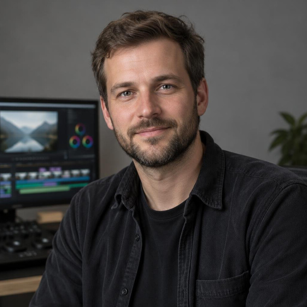 Portrait of a bearded Belgian man, editor and colorist