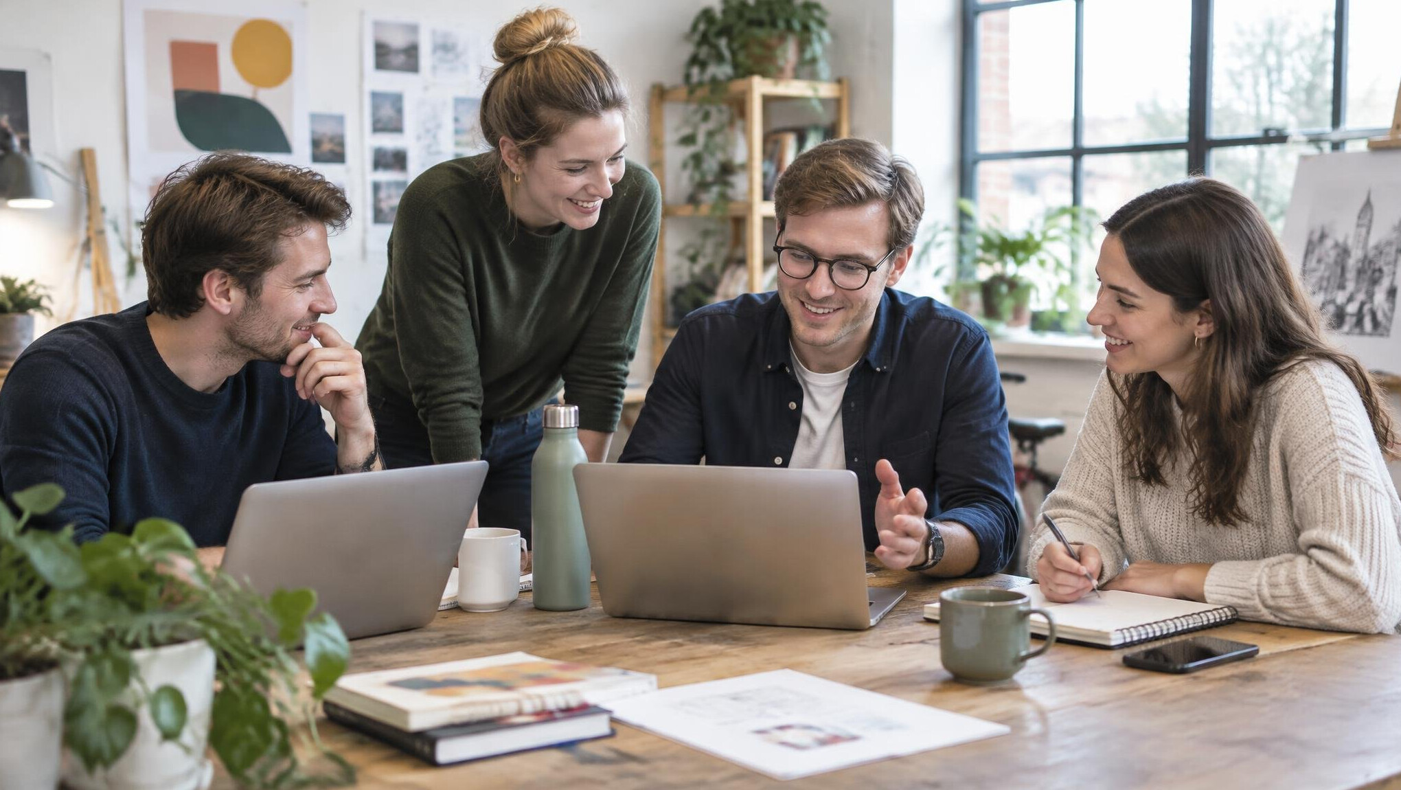 Small team collaborating around a table in a bright studio