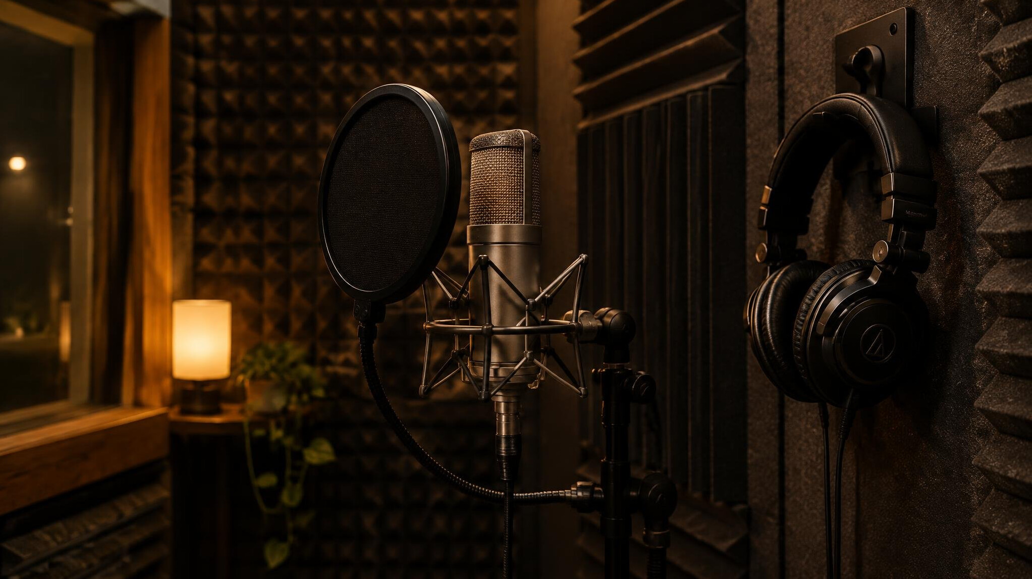 Vocal booth with microphone and studio headphones
