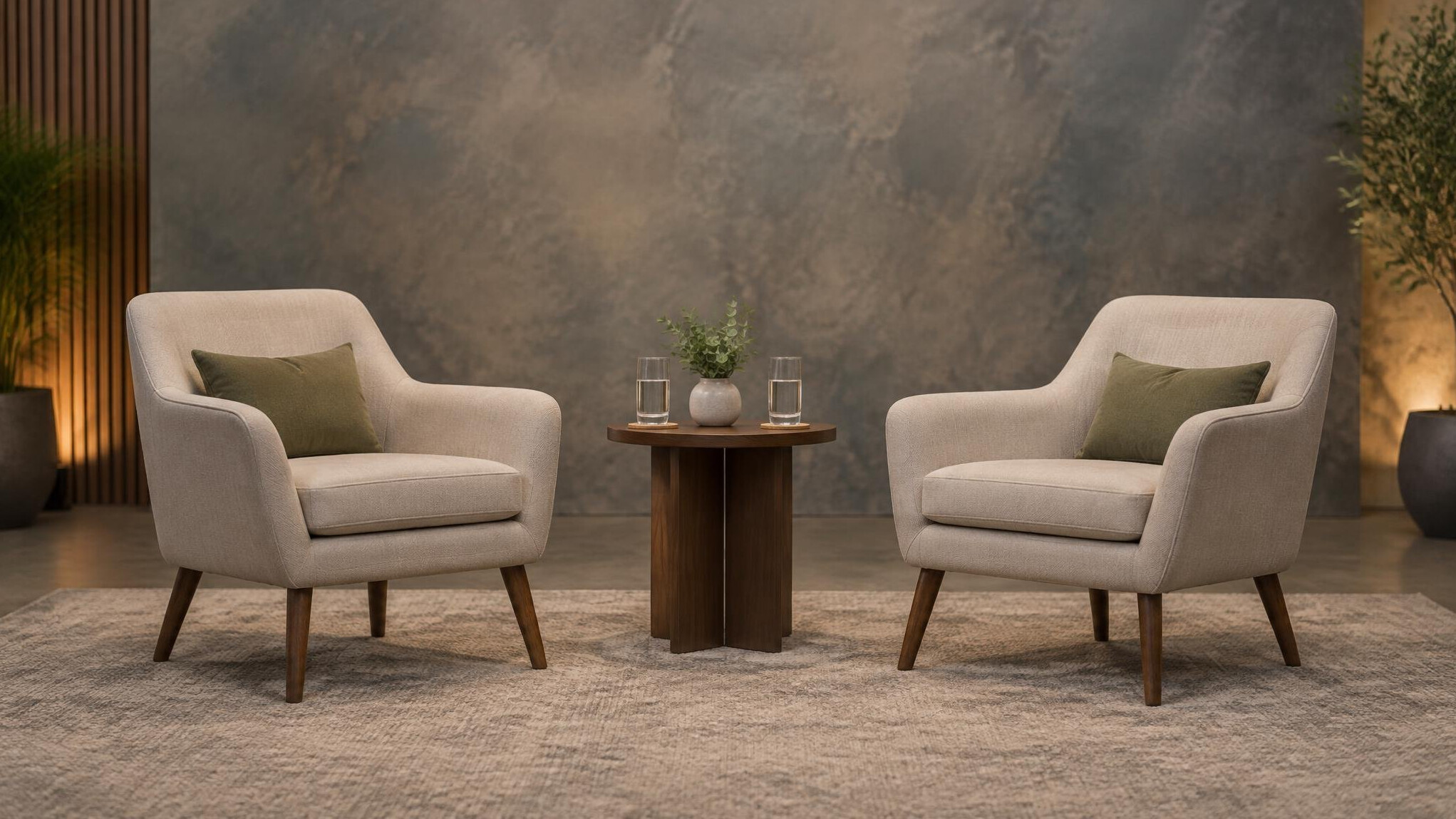Interview stage with two chairs facing each other under soft light