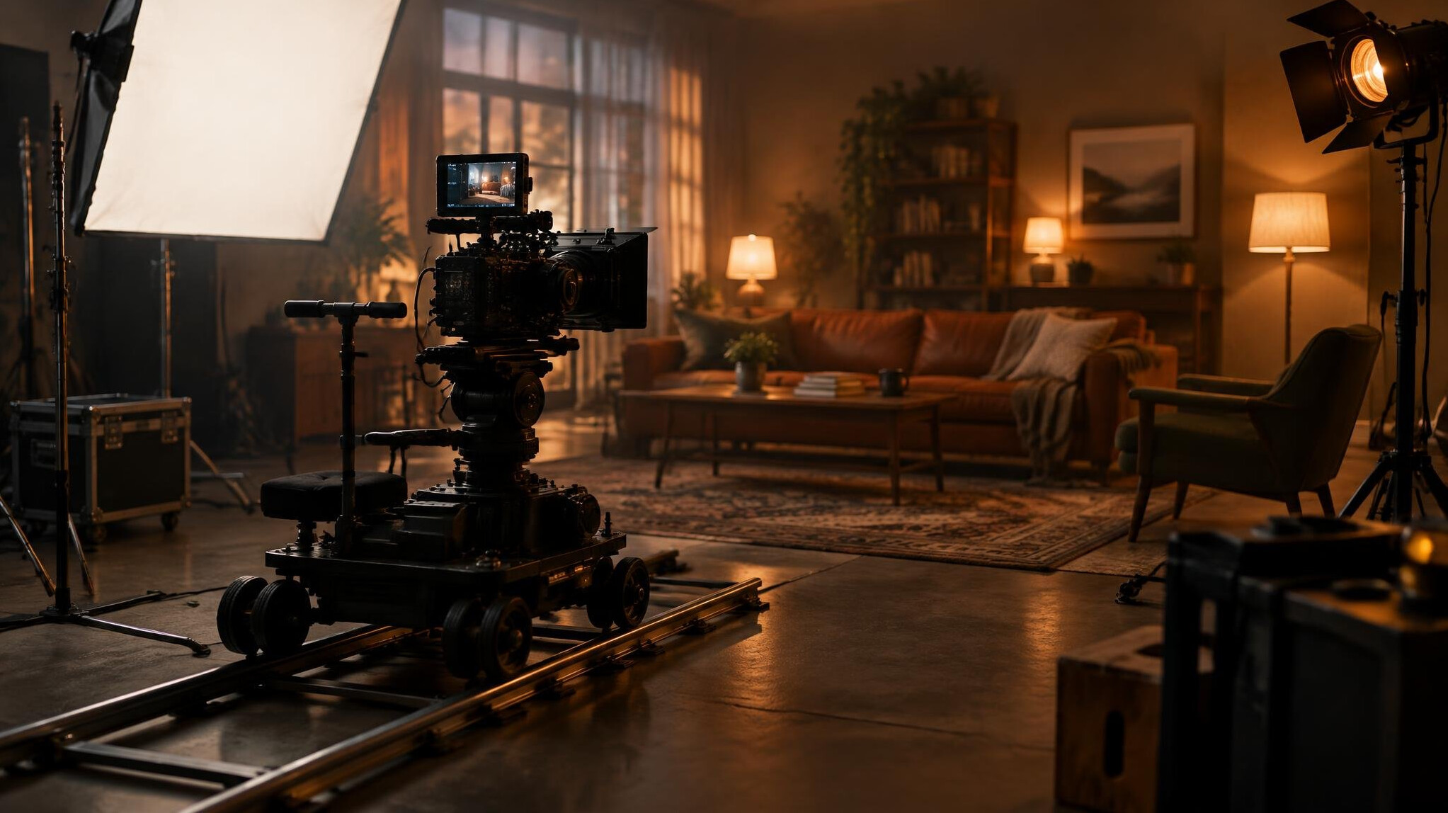 Film set with lights and camera prepared for a soft mood shoot