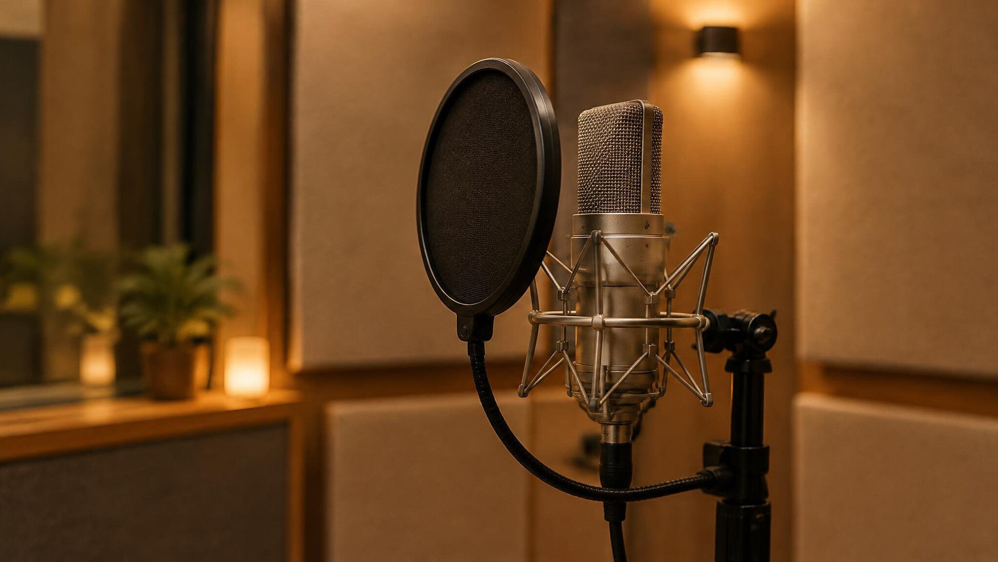 Condenser microphone with pop filter in a soft-lit recording booth