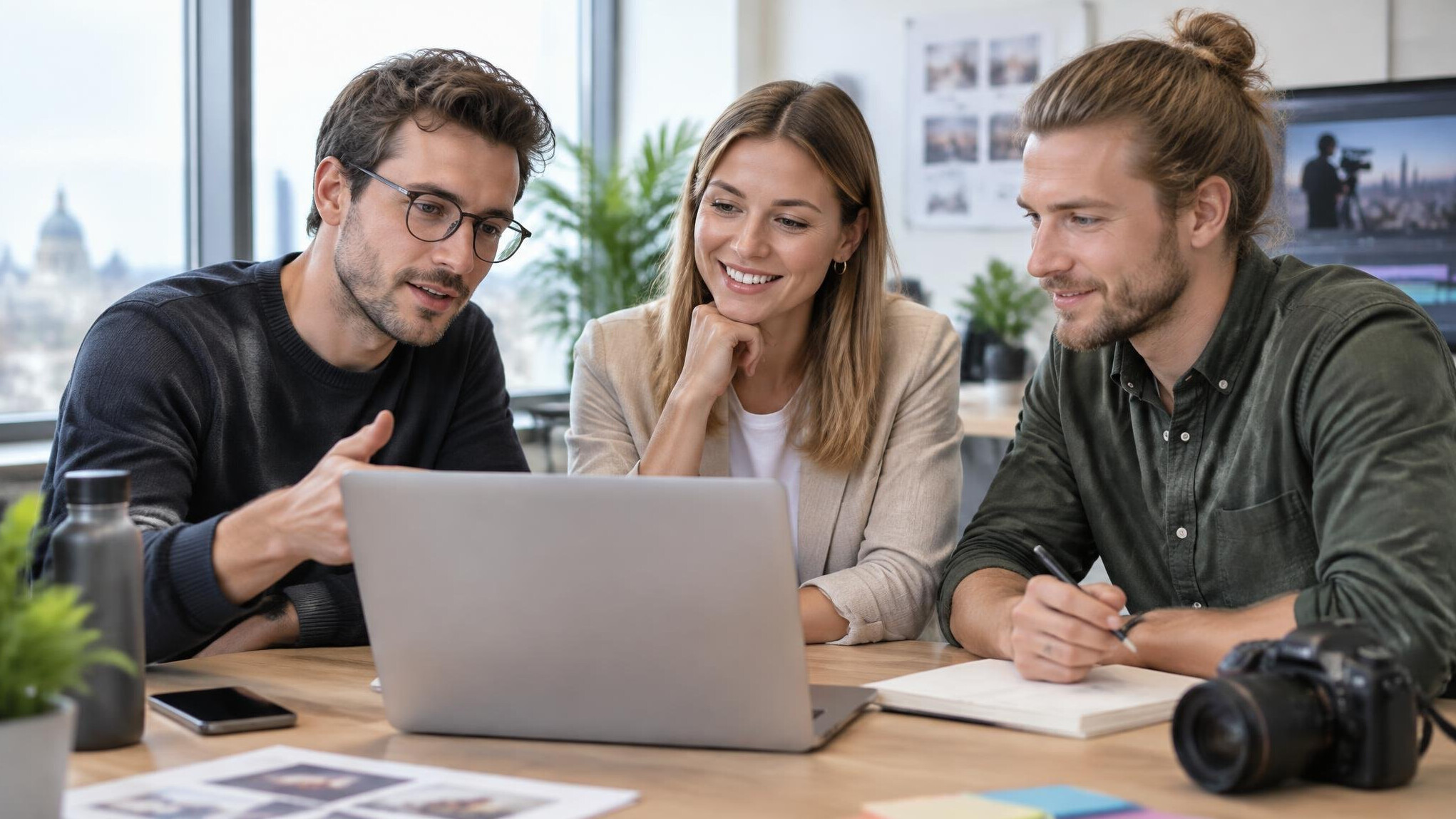 Colleagues discussing a project in front of a laptop