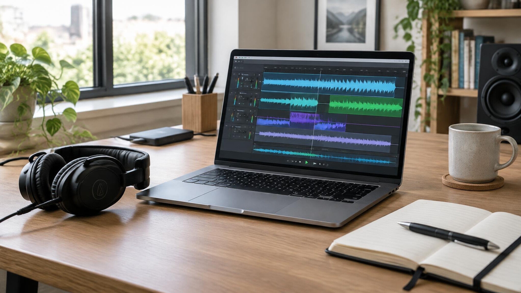 Laptop and audio editing workspace on a tidy desk