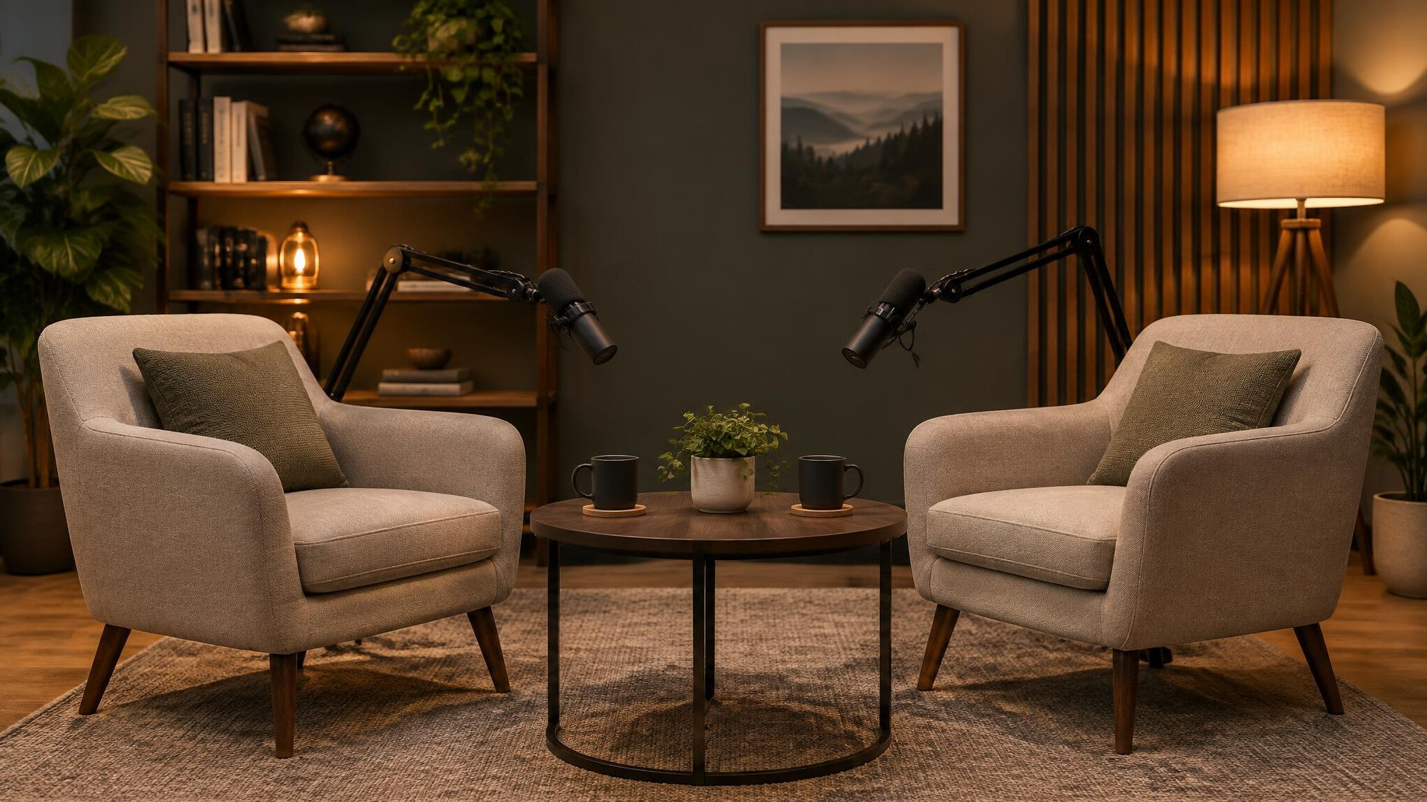 Interview set with two chairs and microphones in a calm studio