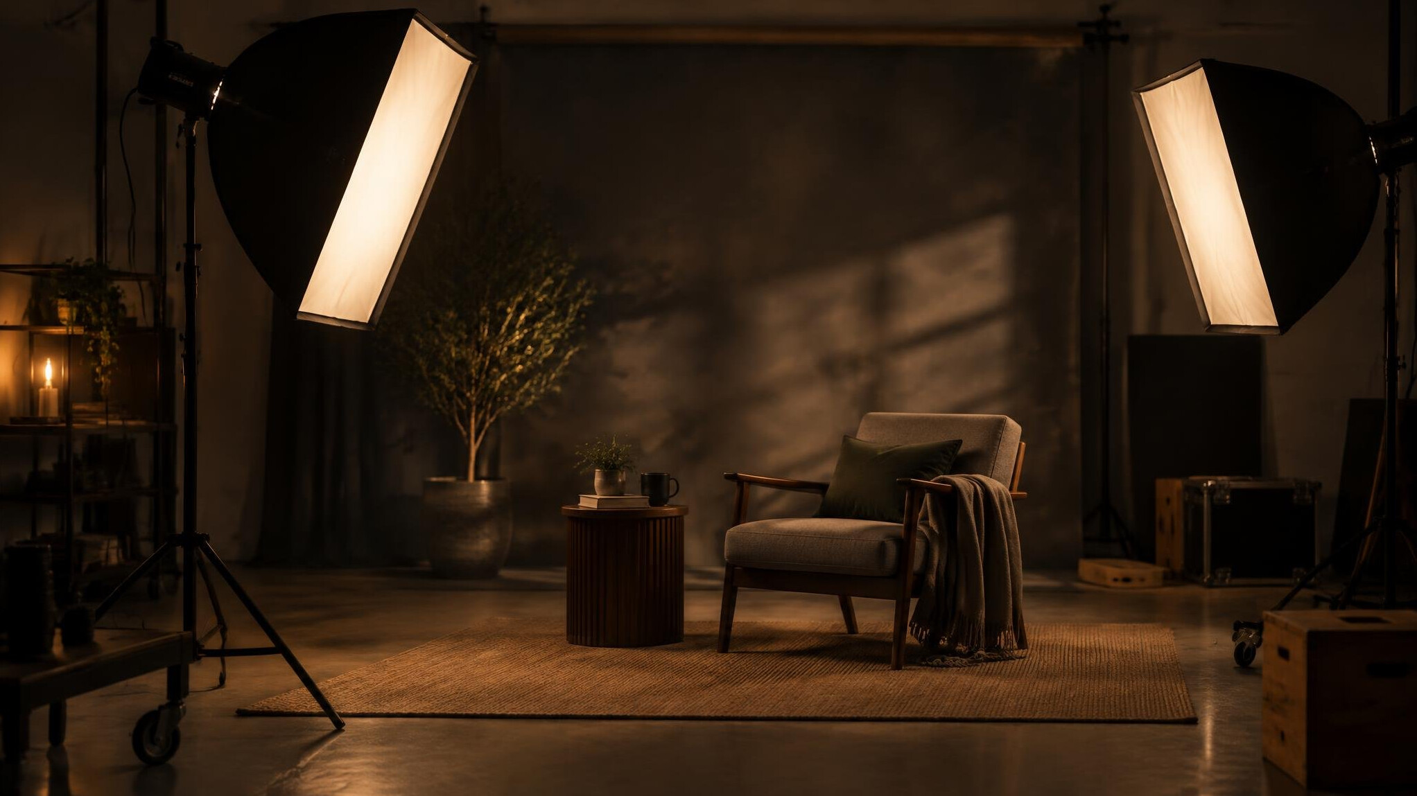 Soft studio lights with diffusers creating a warm mood