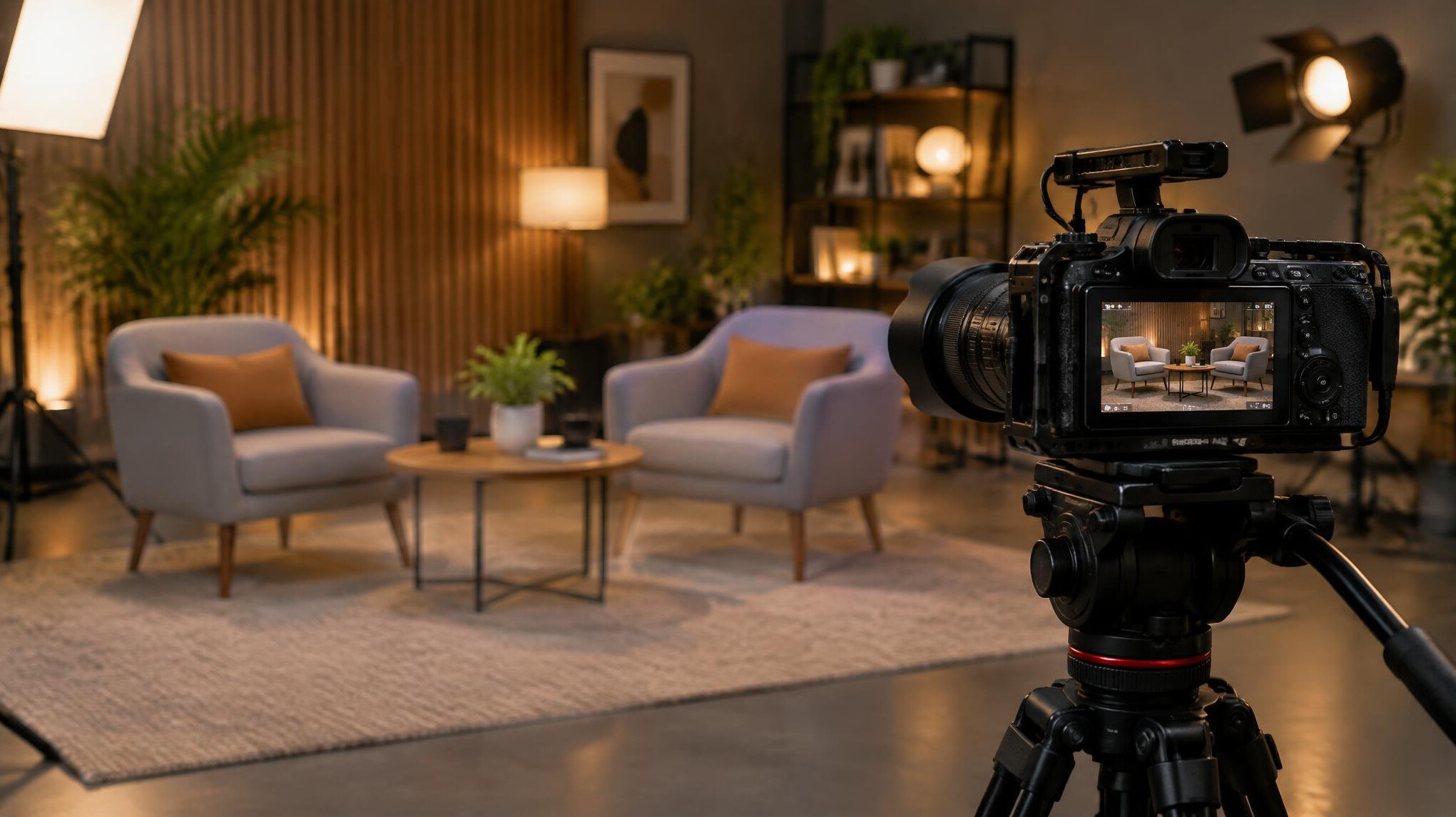 Cinema camera on a tripod framing a calm interview scene